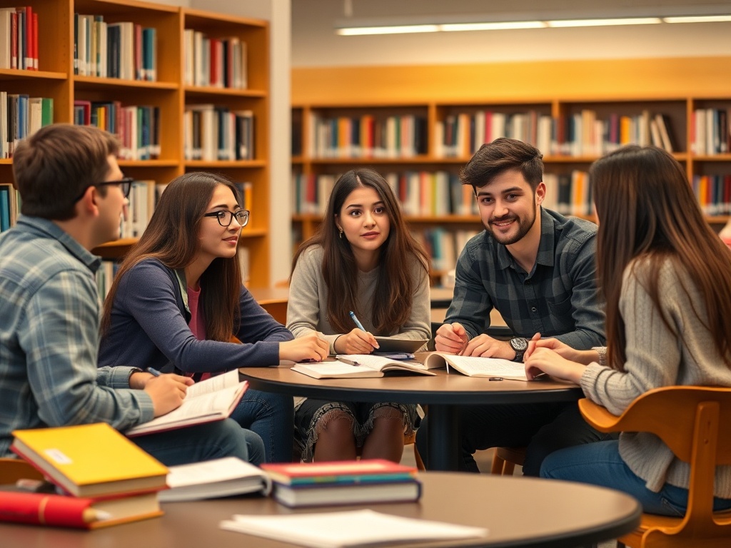 Группа студентов обсуждает материал за круглым столом в библиотеке. На полках книги.