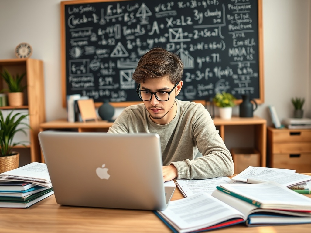 Студент изучает материал за ноутбуком, окруженный книгами и записями с формулами на доске.