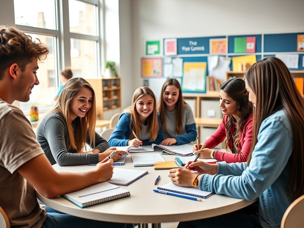 Группа студентов обсуждает задания и делает заметки за круглым столом в светлом классе.