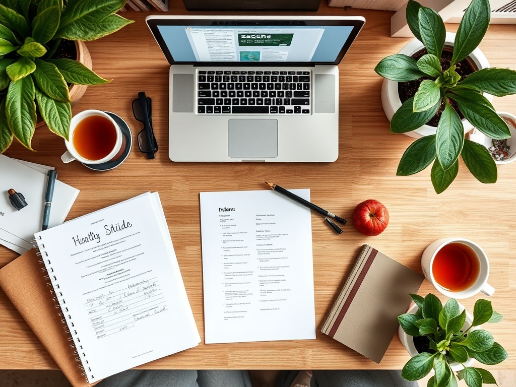 Рабочий стол с ноутбуком, документами, книгами, чашками с чаем и растениями. Стильная и уютная обстановка.