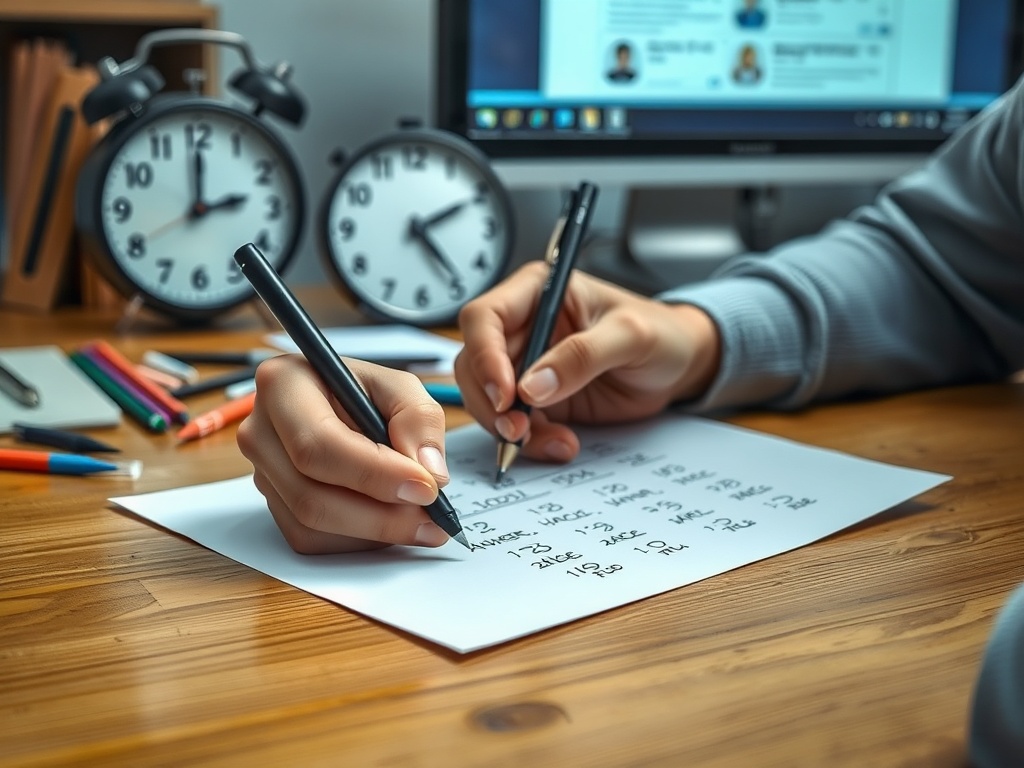 Человек пишет заметки на бумаге, перед ним два будильника и цветные карандаши. На компьютере виден экран.
