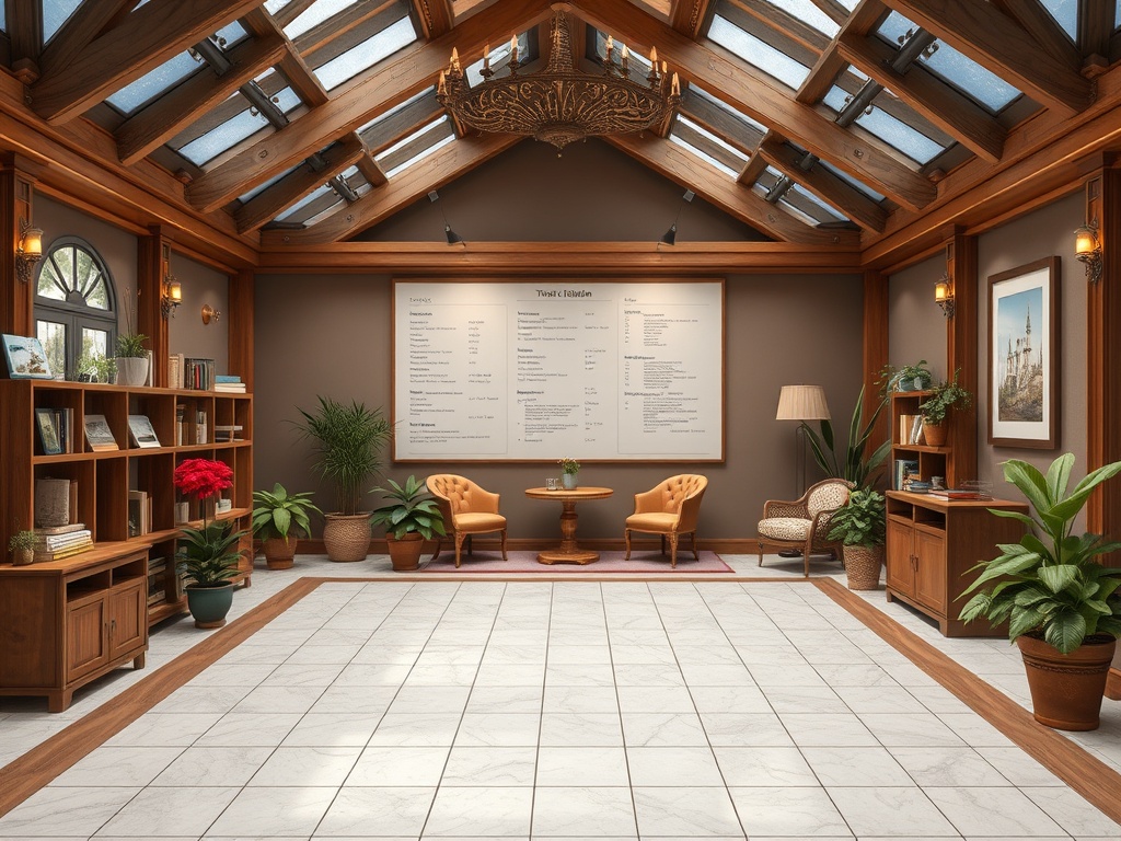 Уютная комната с деревянными элементами, растениями, библиотекой и светлым потолком из стекла.