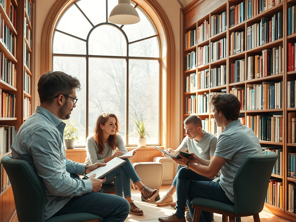 Четыре человека в библиотеке обсуждают книги в уютной обстановке у окна. Полки с книгами вокруг.