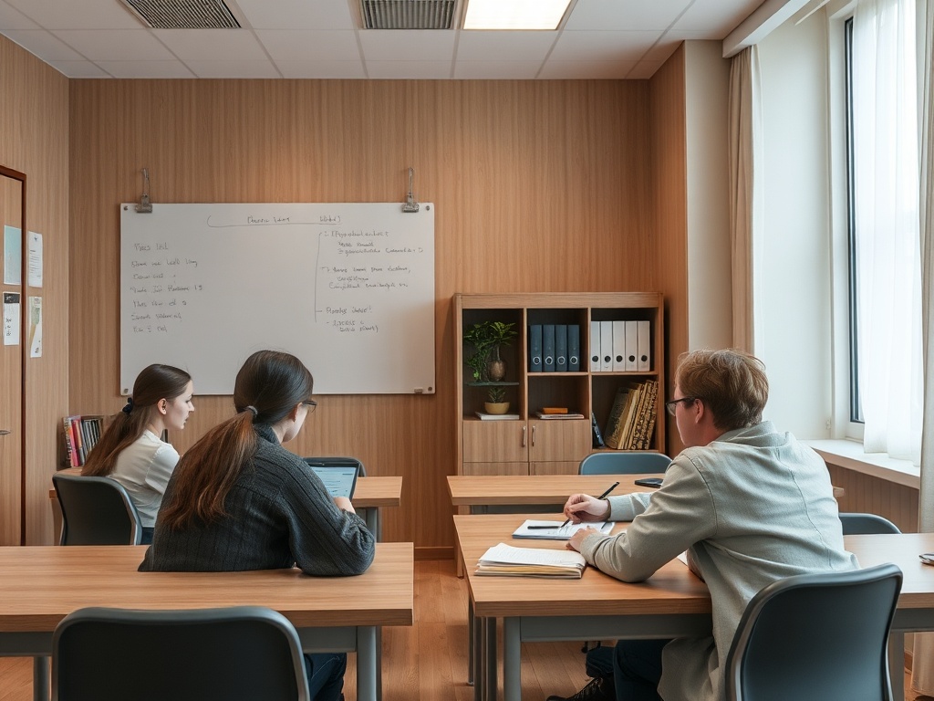 Трое студентов сидят за столами в учебном классе, обсуждая идеи у белой доски.