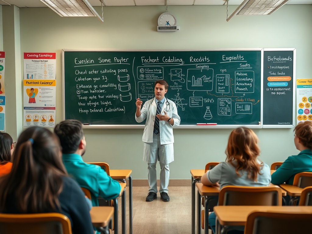 Учитель объясняет материал на уроке, ученики внимательно слушают у черной доски.