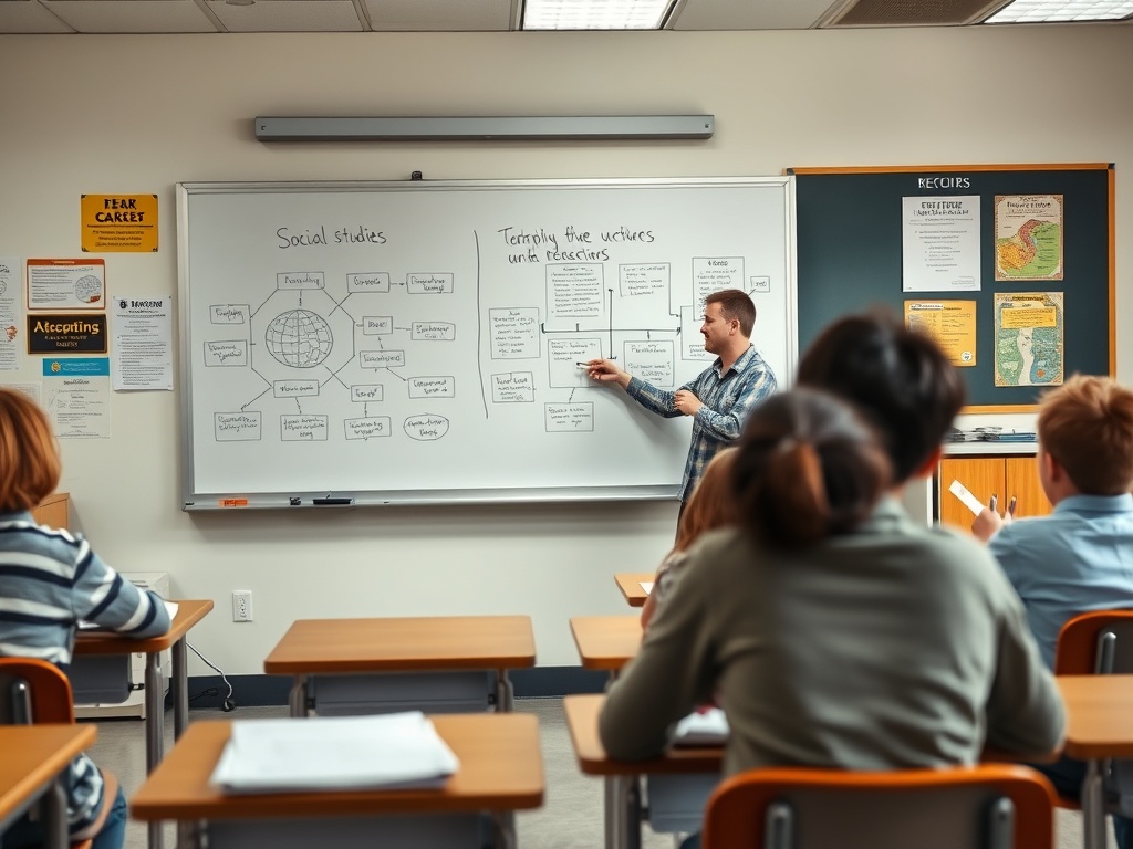 Учитель объясняет материалы по обществознанию на доске, ученики внимательно слушают и записывают.