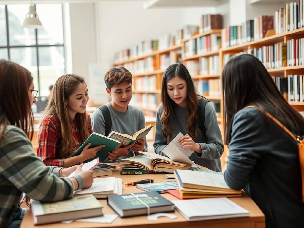 Группа студентов обсуждает книги за столом в библиотеке, окружённая полками с книгами.