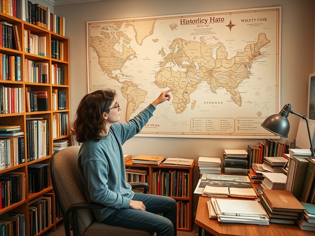 Человек у стола указывает на карту мира, окруженный книгами в уютном кабинете.