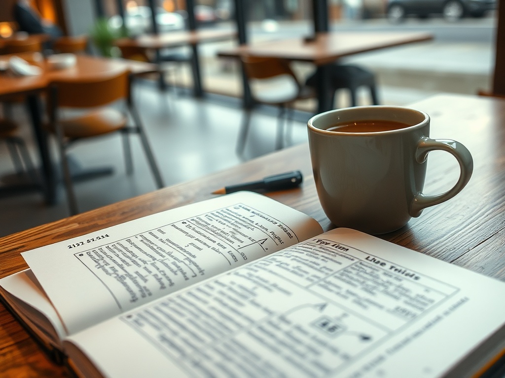 Кружка кофе на деревянном столе рядом с открытой книгой и ручкой в уютном кафе.