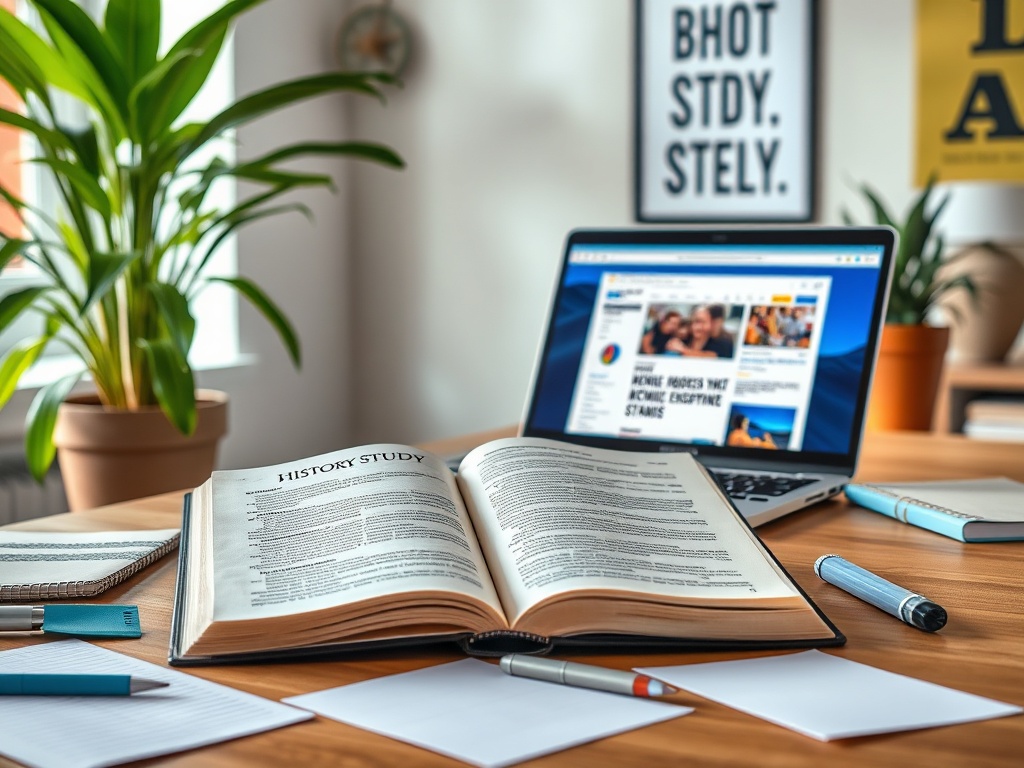 На столе открытая книга по истории, ноутбук и канцелярские принадлежности на фоне зелёного растения.
