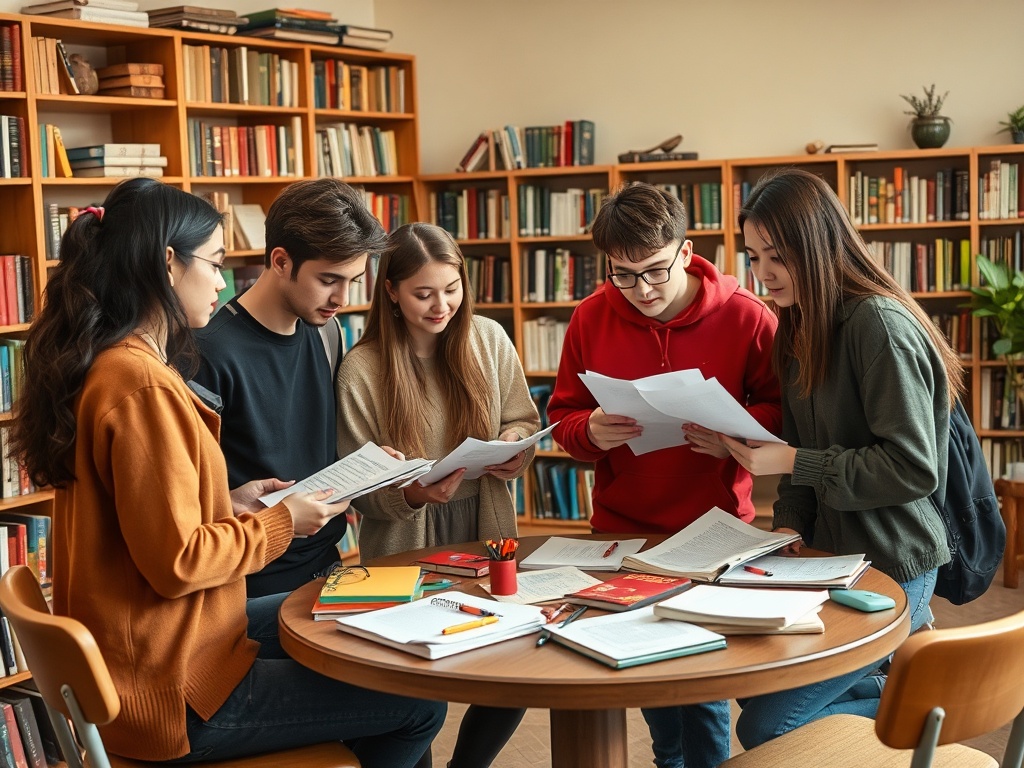 Группа студентов обсуждает материалы за круглым столом в библиотеке. На столе книги и тетради.