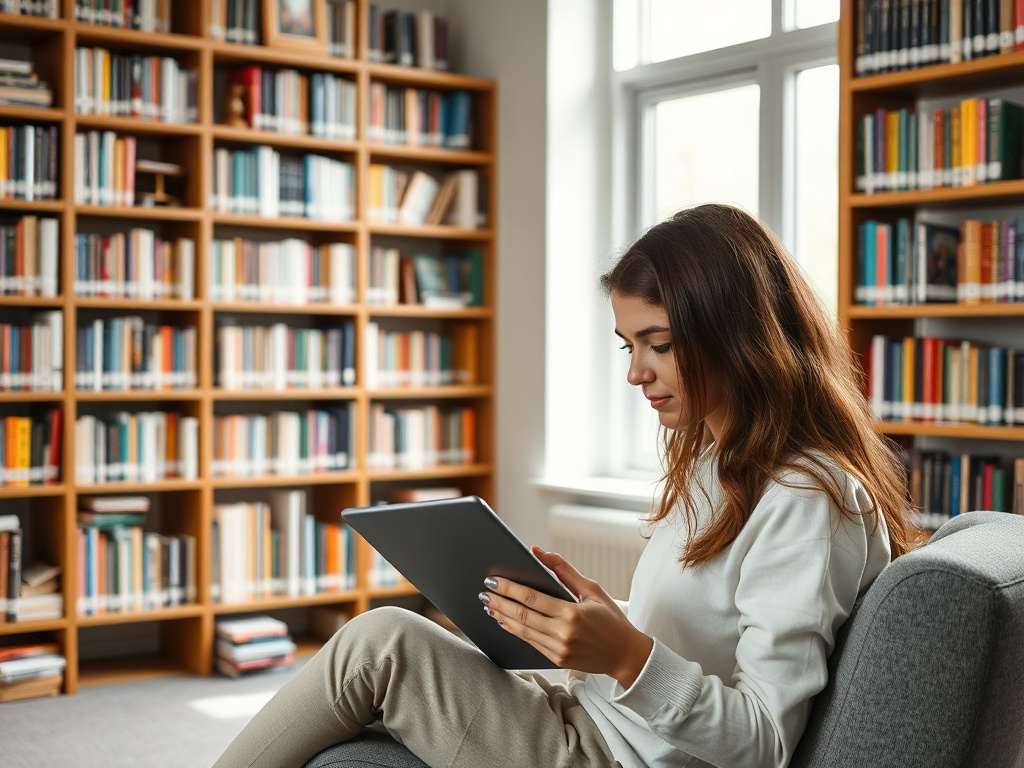 Девушка сидит на диване с планшетом в библиотеке, окруженной книжными полками.