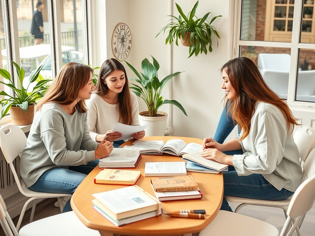 Три девушки учатся за столом, окружённые книгами и растениями, обсуждая материалы и довольные процессом.