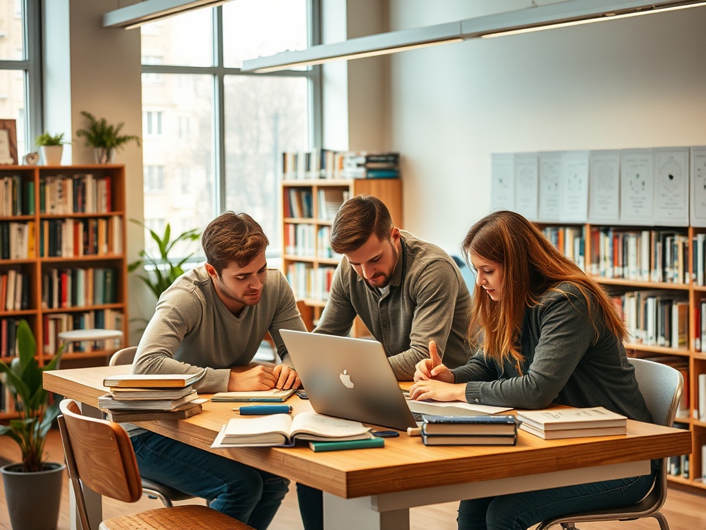 Трое студентов изучают материалы за столом в библиотеке, концентрируясь на компьютере и книгах.