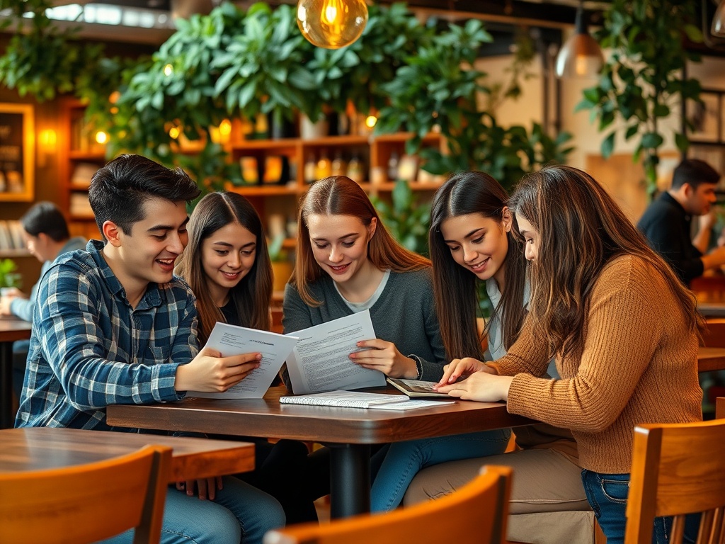 Группа молодых людей изучает меню в уютном кафе, сидя за деревянным столом и смеясь.